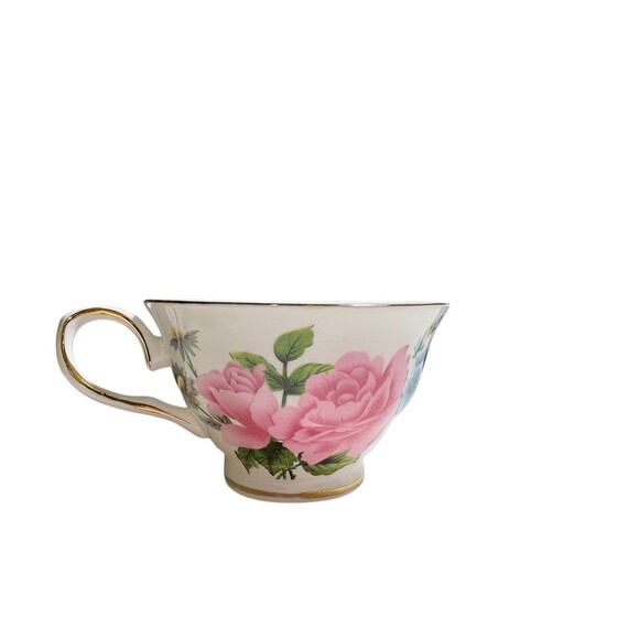 Grace's Teaware Pink Rose Blue Floral Tea Cup & Saucer Gold Trim Scalloped Edge - Picture 5 of 10
